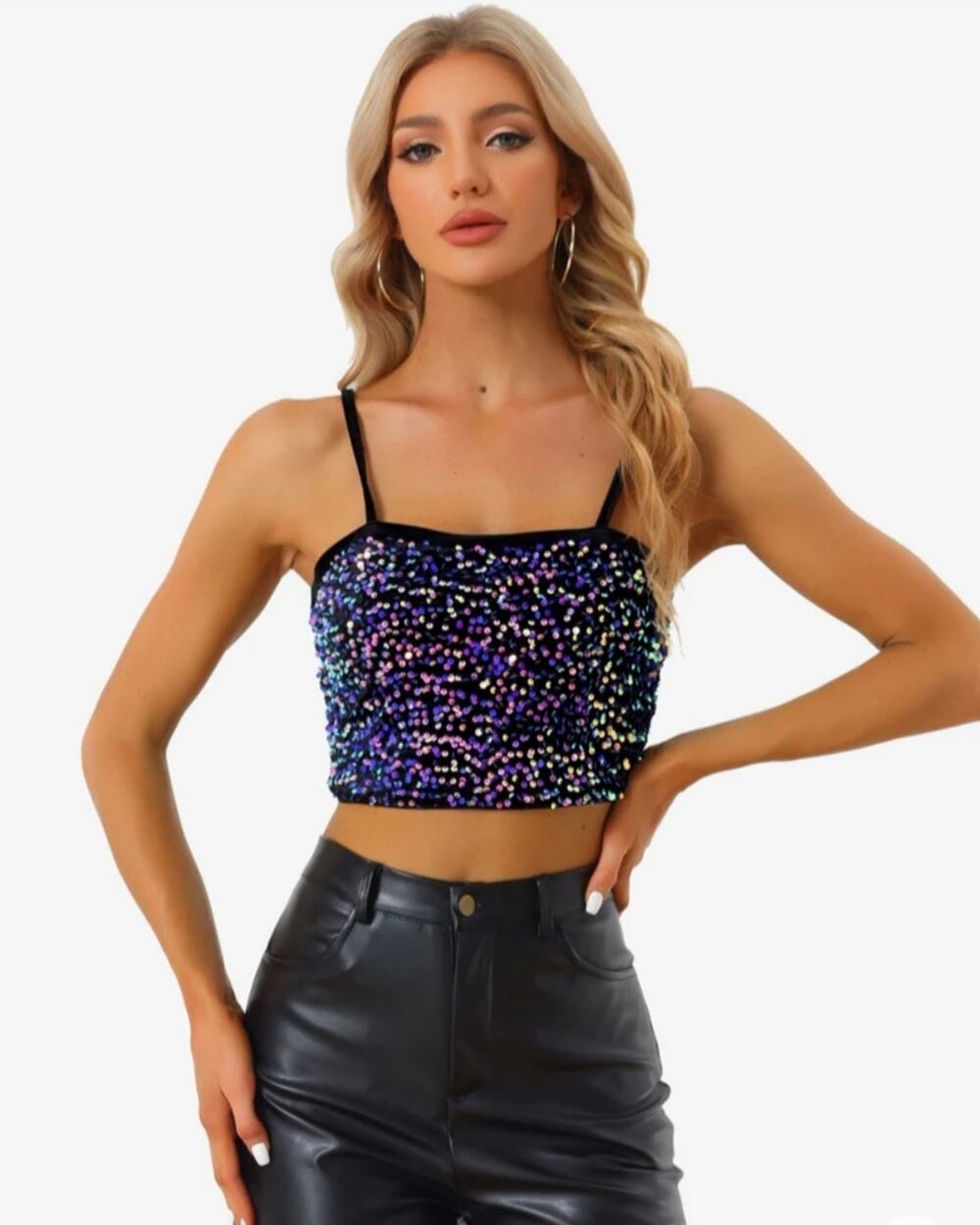 ◇105 MSRP $35 NWOT ALLEGRA K SEQUINED VELVET SPAGHETTI STRAP CROP TOP ♡SIZE S♡